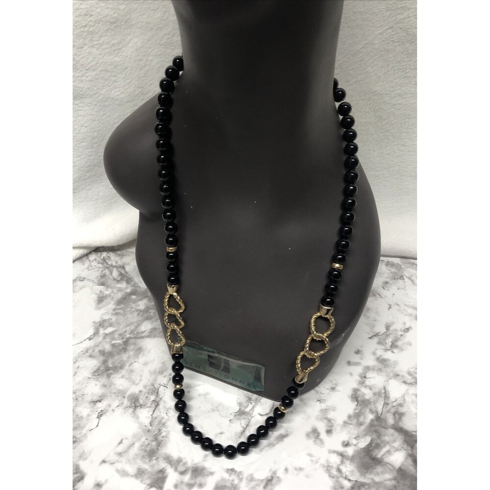Black Bead Necklace Gold Curb Link Chunky Bold Statement 1970s Beaded Rope